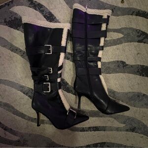 Fashion Nova Black Heeled Boots with Buckle Straps